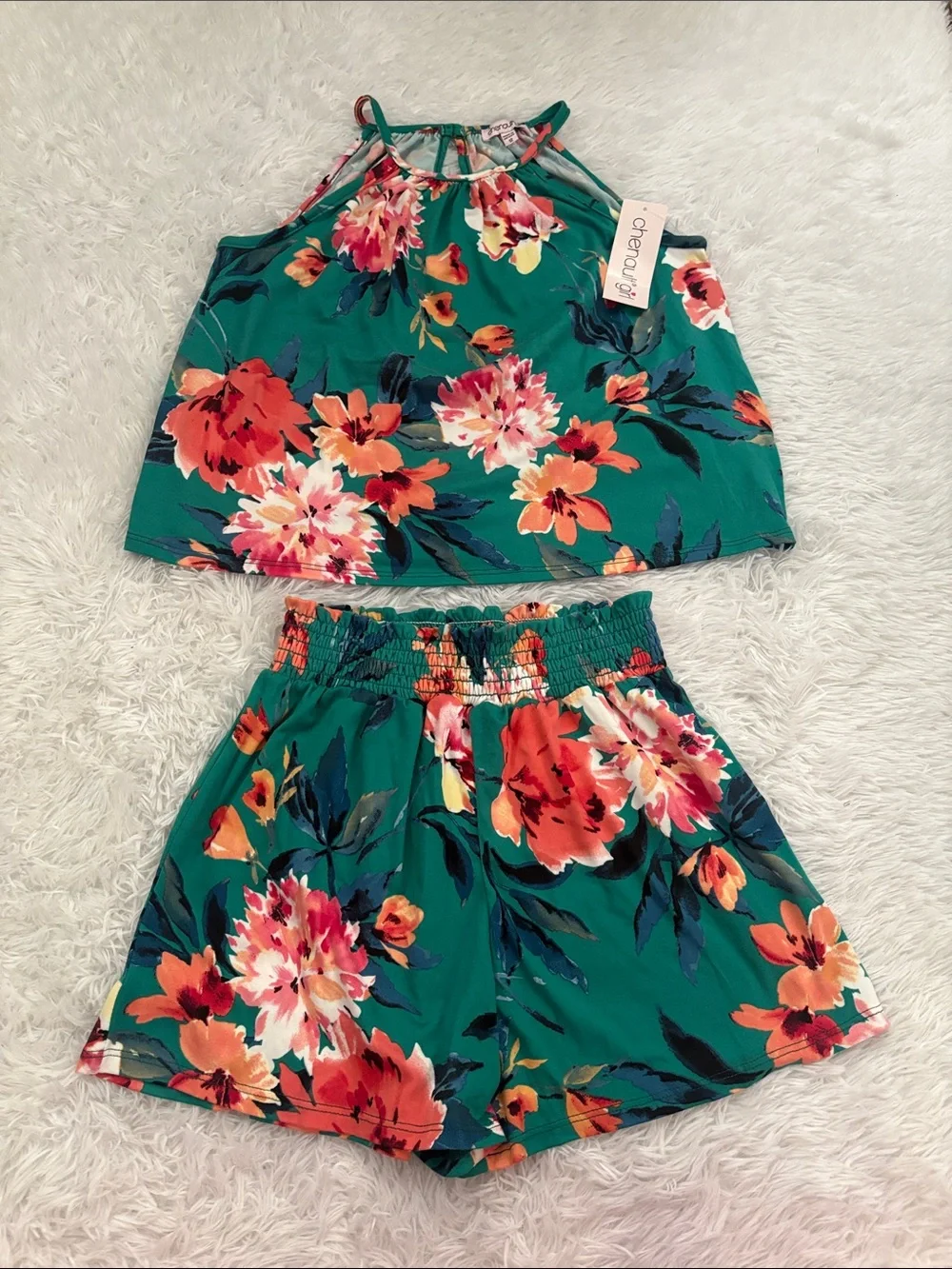 NWT Chenault Girl From Stitch Fix Green Floral 2 Piece Outfit Size 12 Youth
